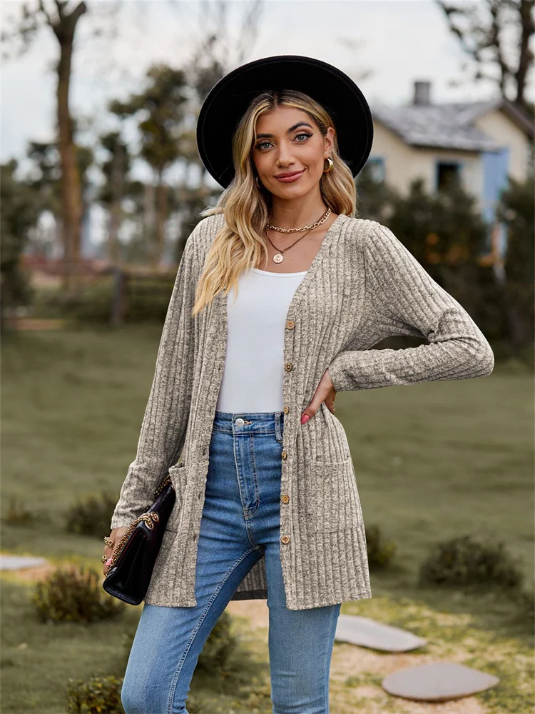 

Vintage Cardigans Women Autumn Thin Knitted Sweater Ladies Elegant V Neck Long Cardigan Female Casual Pocket Button Knitwear