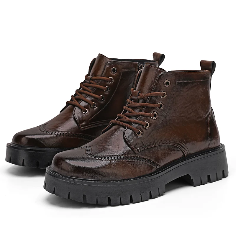 

Fashion Vintage Men Boots High Quality Dress Leather Thick Sole Ankle Boots Lace-up Brogue Shoes Autumn Winter Military Boots