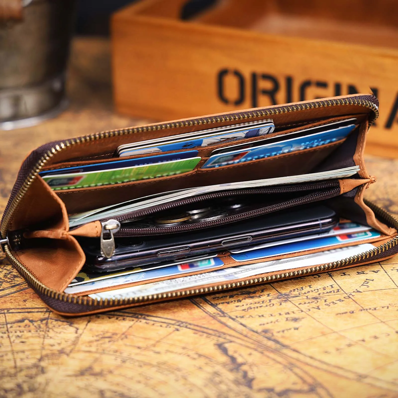 S.WORKER Vintage Crazy Horse Leder Geldbörse Handgefertigte Herren Echtleder Lange Brieftasche Clutch für Handy, Bargeld und Kartenhalter – Detail 10