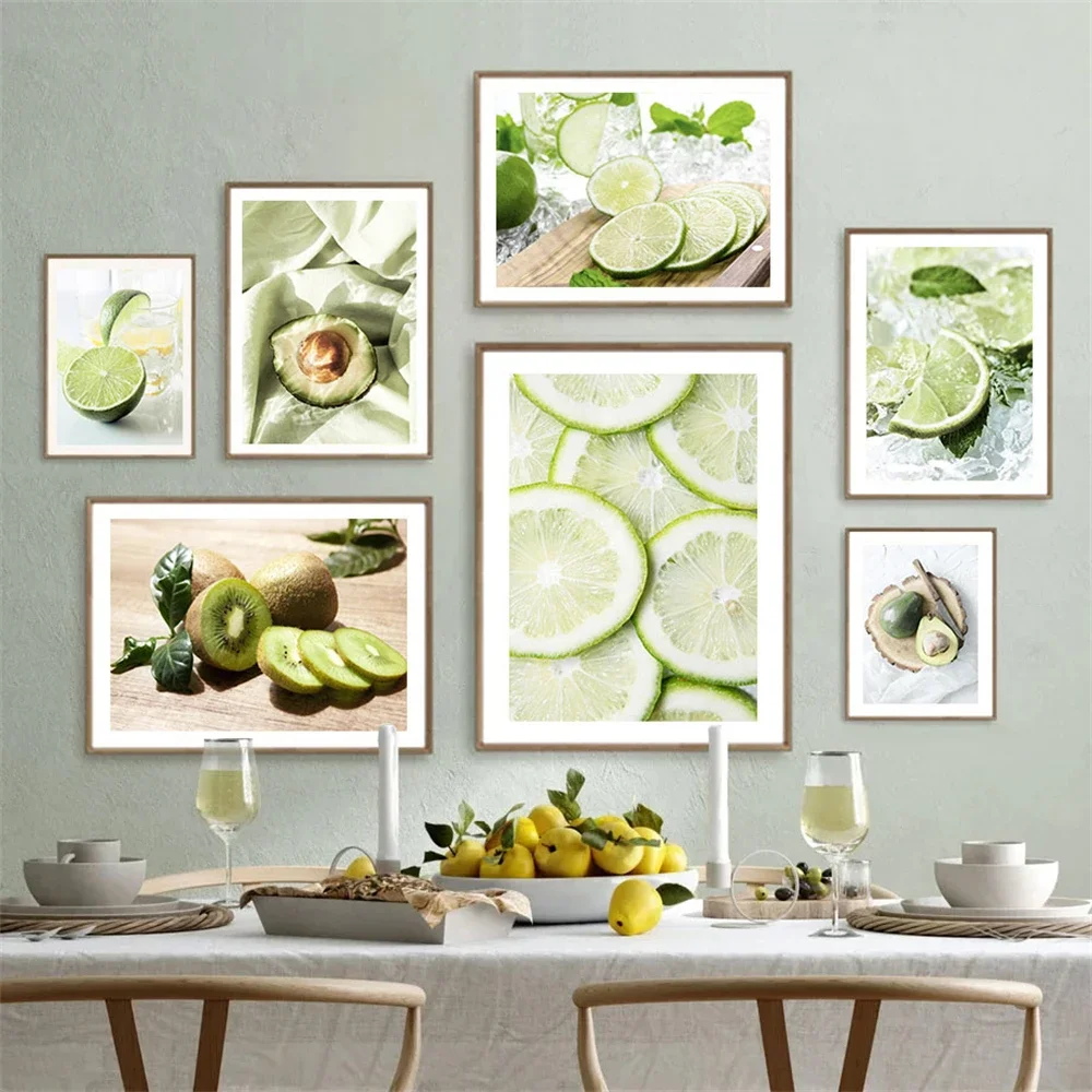 (2D Canvas Painting)  Fresh Green Lemon Poster Kiwi Fruit Canvas Painting Avocado Wall Art Print Picture Nordic Posters Kitch