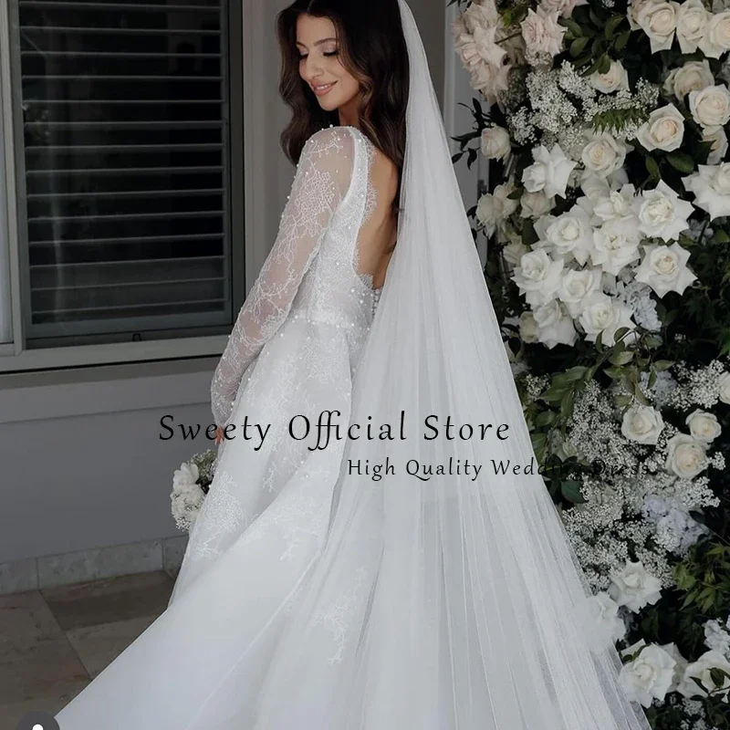 Robe de mariée de luxe en organza avec dentelle brodée, robe de Rhde princesse, col carré, manches longues, mariée, dos nu