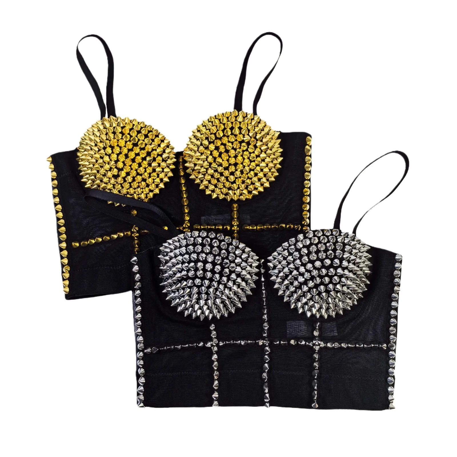 Crop Top Women Fishbone Bralette Gold and Silver Sequined Decoration and Rivets for Wearing Outside Ladies Tops Bustier Clubwear