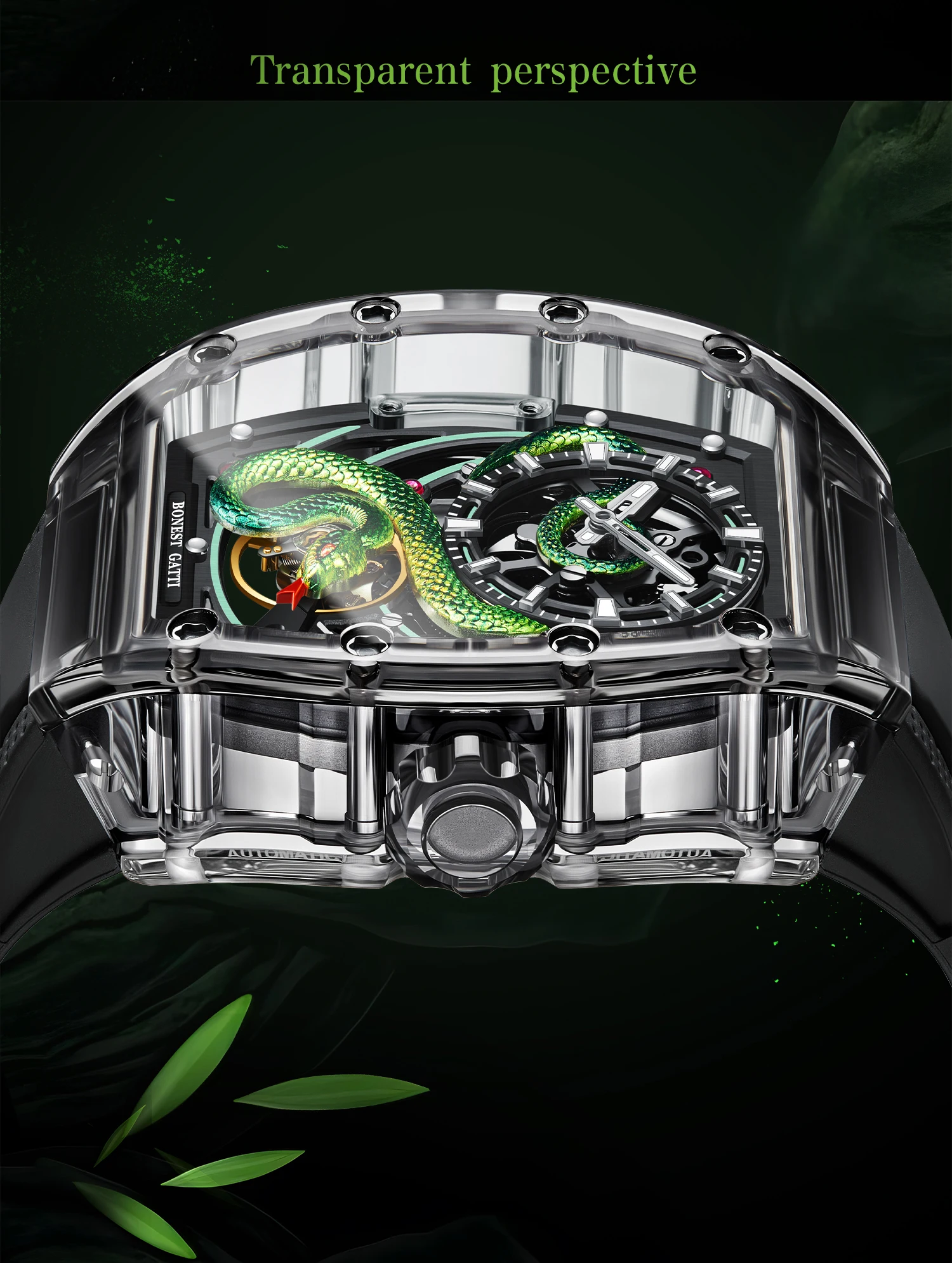 Reloj Automático BONEST GATTI para hombre, reloj de pulsera mecánico con carcasa acrílica Tonneau de 45mm, esfera de serpiente con esqueleto luminoso resistente al agua hasta 50M