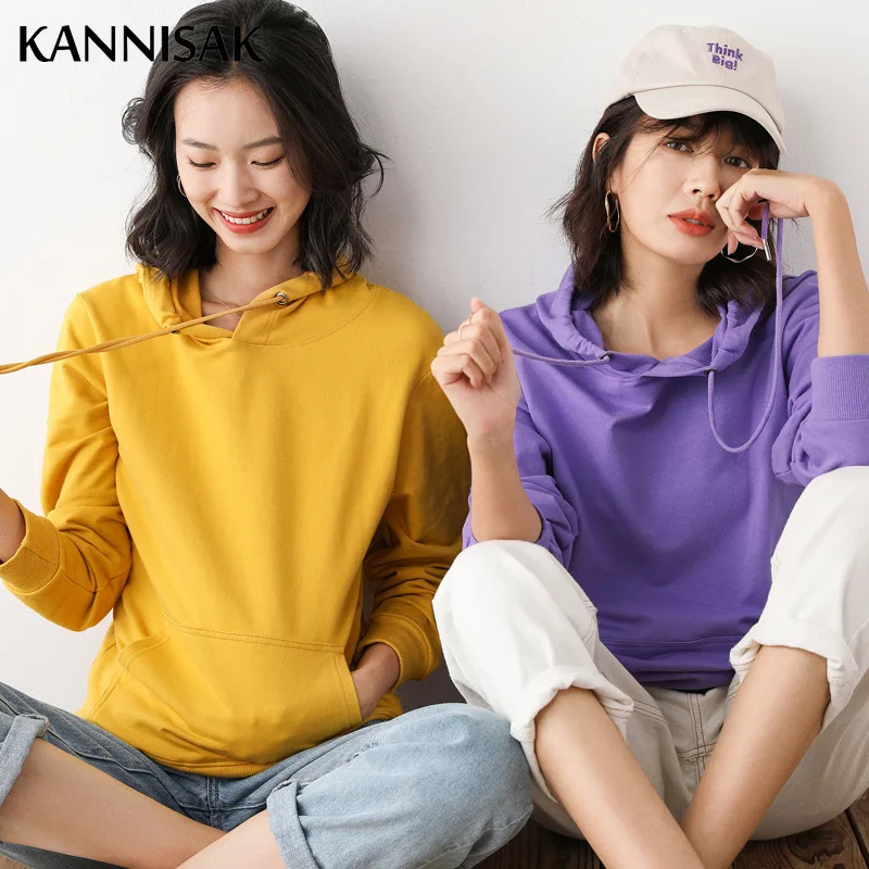 Casual Women Hoodies 2024 Spring Autumn Solid Korean Harajuku Style Hooded Hoodies Loose Cotton Solid Pullovers Couple Clothes