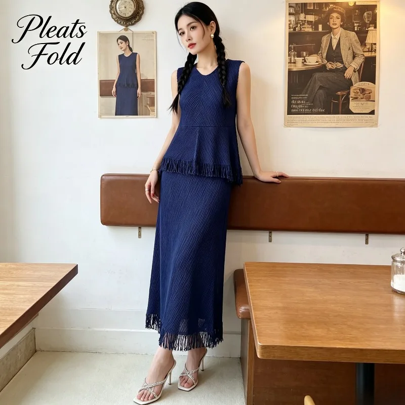 Miyake Pleated 2026 Summer Solid Color Fringed Vest T-Shirt Elegant Set Skirt Pleated Straight Age-Reducing Mid-Length Skirt