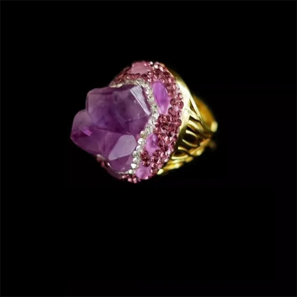Anéis de ametista exclusivos tamanho ajustável anel de dedo de pedra de quartzo de cristal roxo cru para mulheres joias de declaração cor dourada