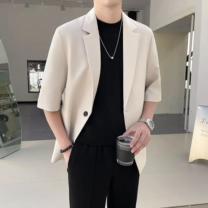 3-A163   Summer Thin One Button Mid-Sleeve Suit Jacket Men\'s Fashionable Loose Casual plus size High-end Small Suit Top