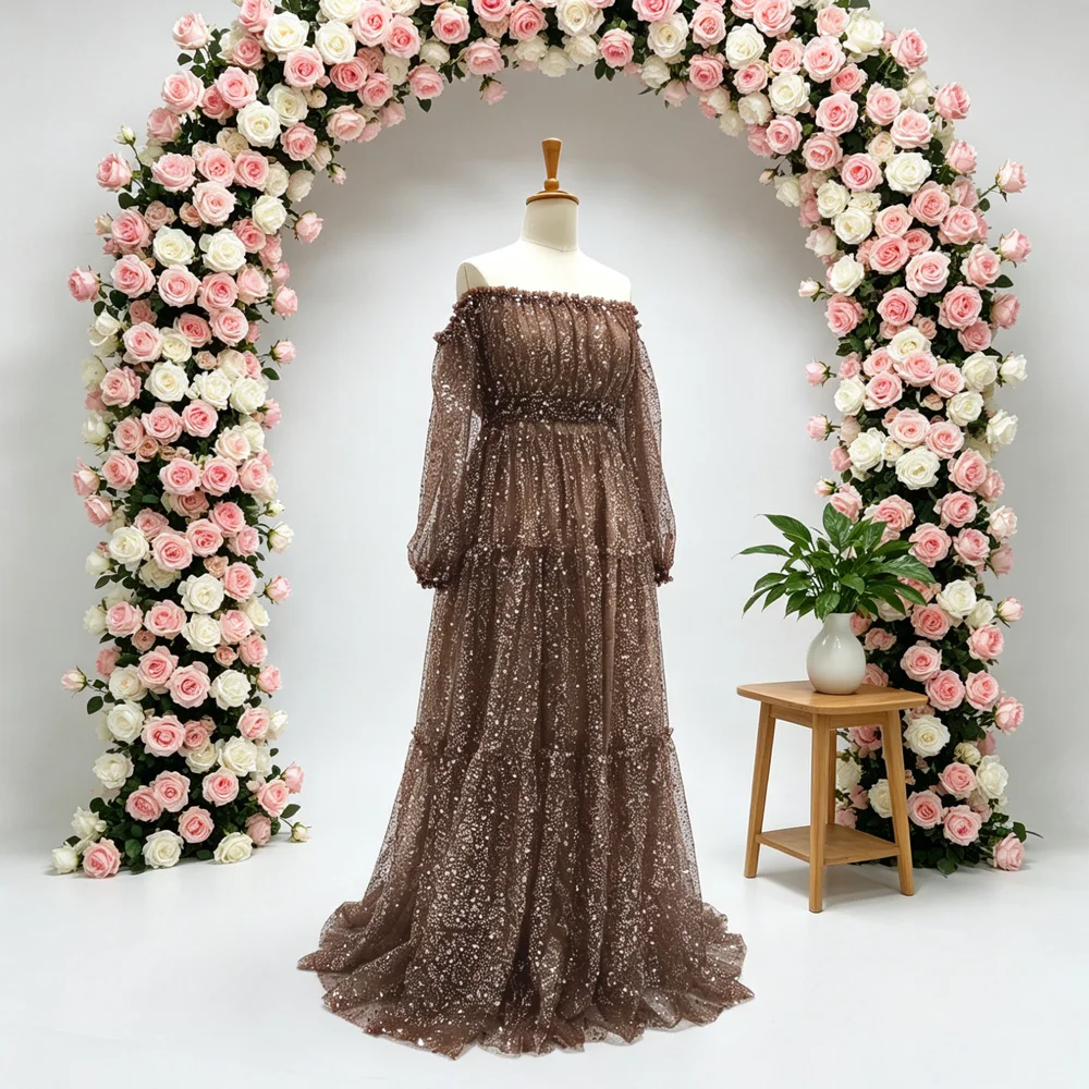 Schwangerschaftsfotografie-Kleid für Damen, künstlerisches Kleid, elegantes Perlen-Pailletten-Mesh-Kleid in A-Linie mit Futter, transparentes Umstandskleid