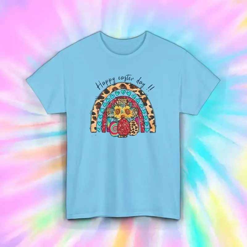 Happy Easter Day Rainbow T Shirt Leopard Bunny Sunflower S 5XL