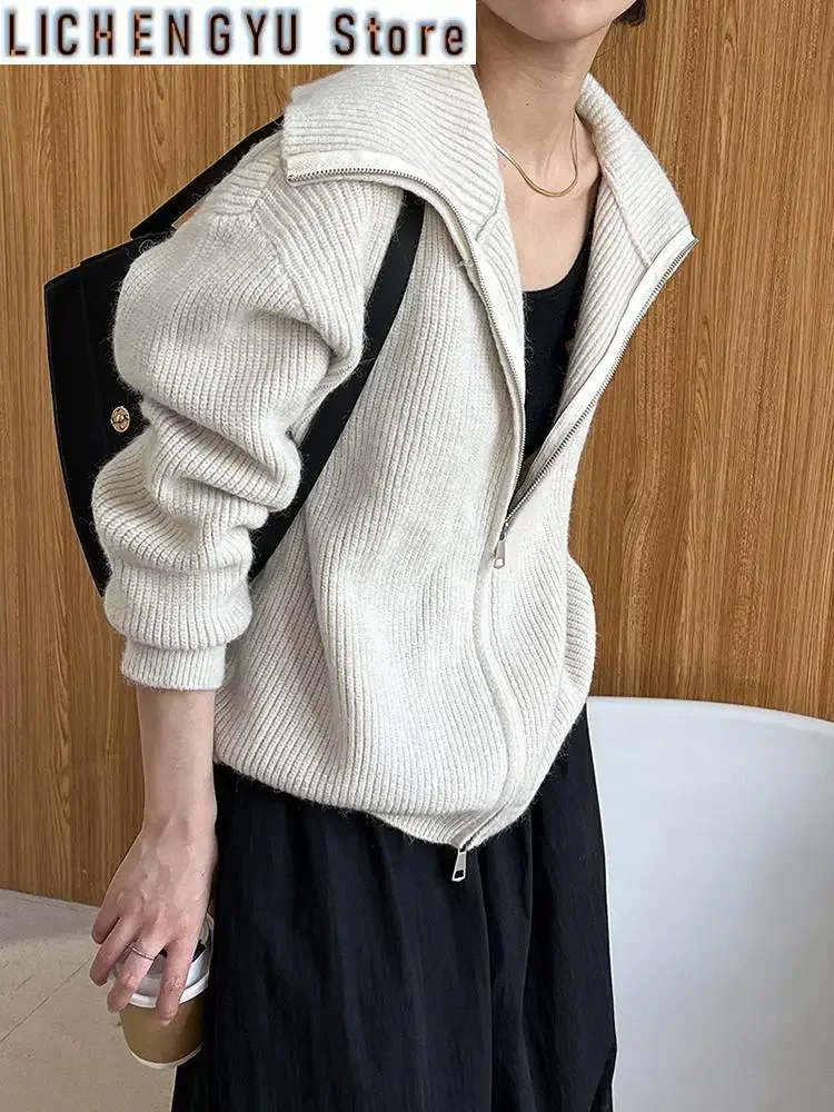 

Apricot Double Zipper Big Size Knitting Cardigan Sweater Lapel Long Sleeve Women New Fashion Spring Autumn