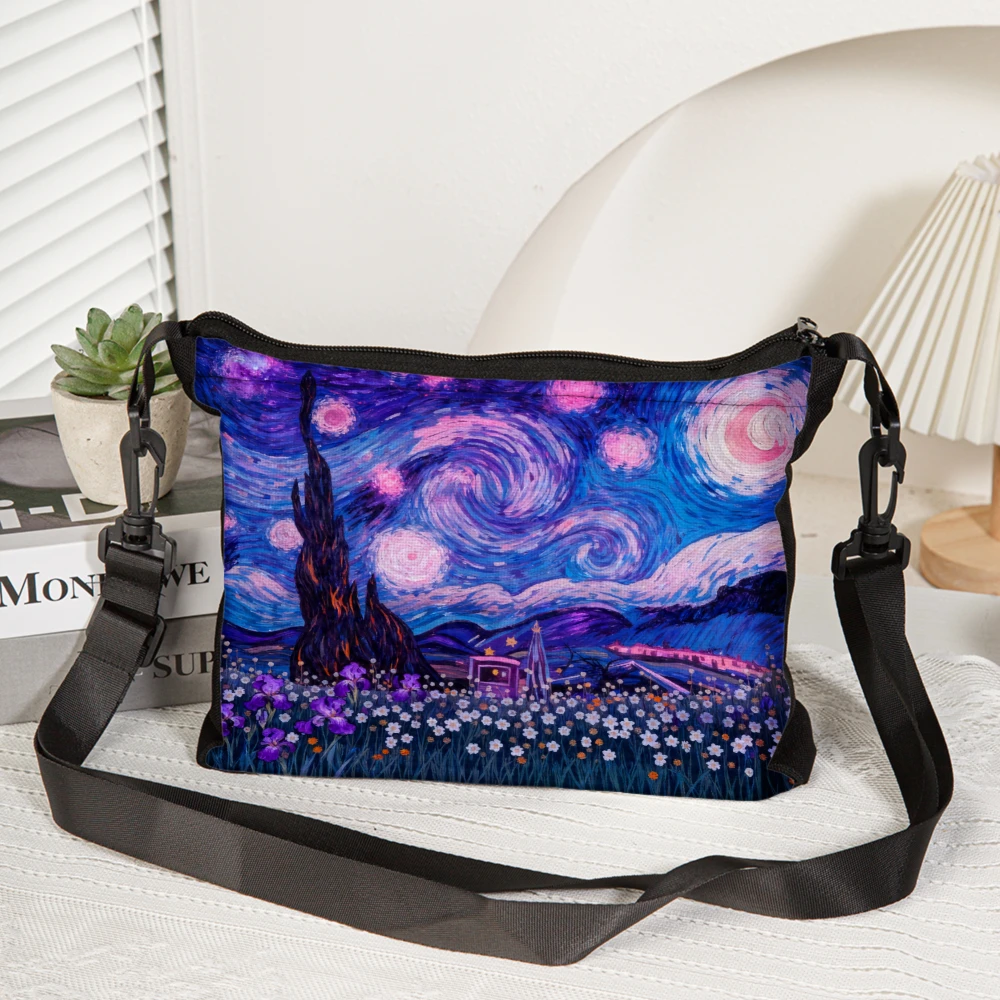 1pc Women Crossbody Bag Purple Starry Night Painting Print Shoulder Bags For Travel Shopping Daily Use Fashion Artistic Design U