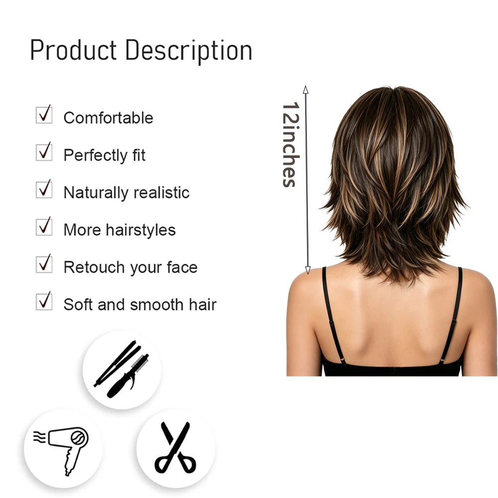Short Layered Wolf Cut Wig Dark Brown with Honey Blonde Highlights Shaggy Bob Wig Heat Resistant Synthetic Hair For Women Daily