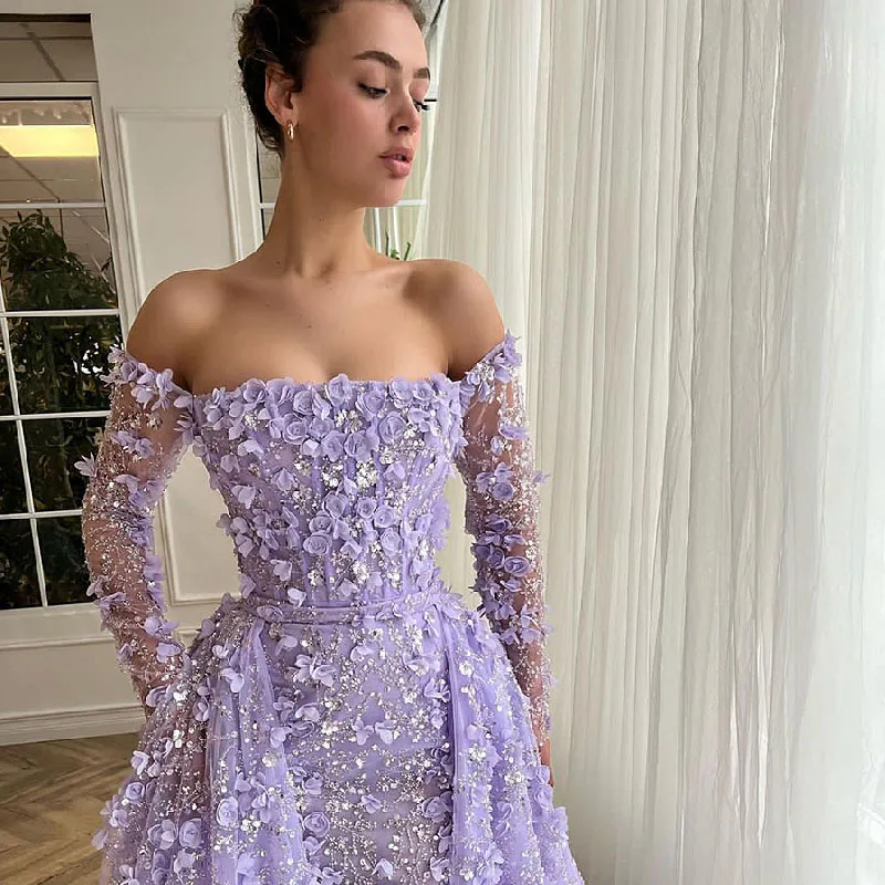 

2025 A-line Exquisite Women's Evening Dresses Organza Applique 3D Flowers Purple Party Prom Gown Customized