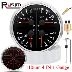 110mm 4 in 1 Multifunction Fuel Level/Oil Pressure/Water Temp/Voltmeter 0-10Bar 0-150PSI 40-120℃ Temp Fuel Sensor 0-190ohm