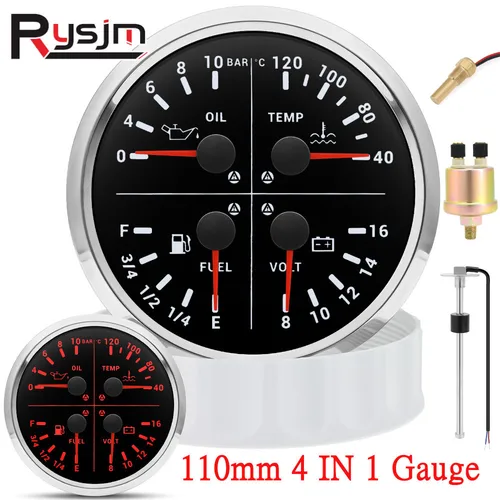 110 mm 4 en 1 Nivel de combustible multifunción/presión de aceite/temperatura del agua/voltímetro 0-10Bar 0-150PSI 40-120 ℃   Sensor de temperatura de combustible 0-190ohm