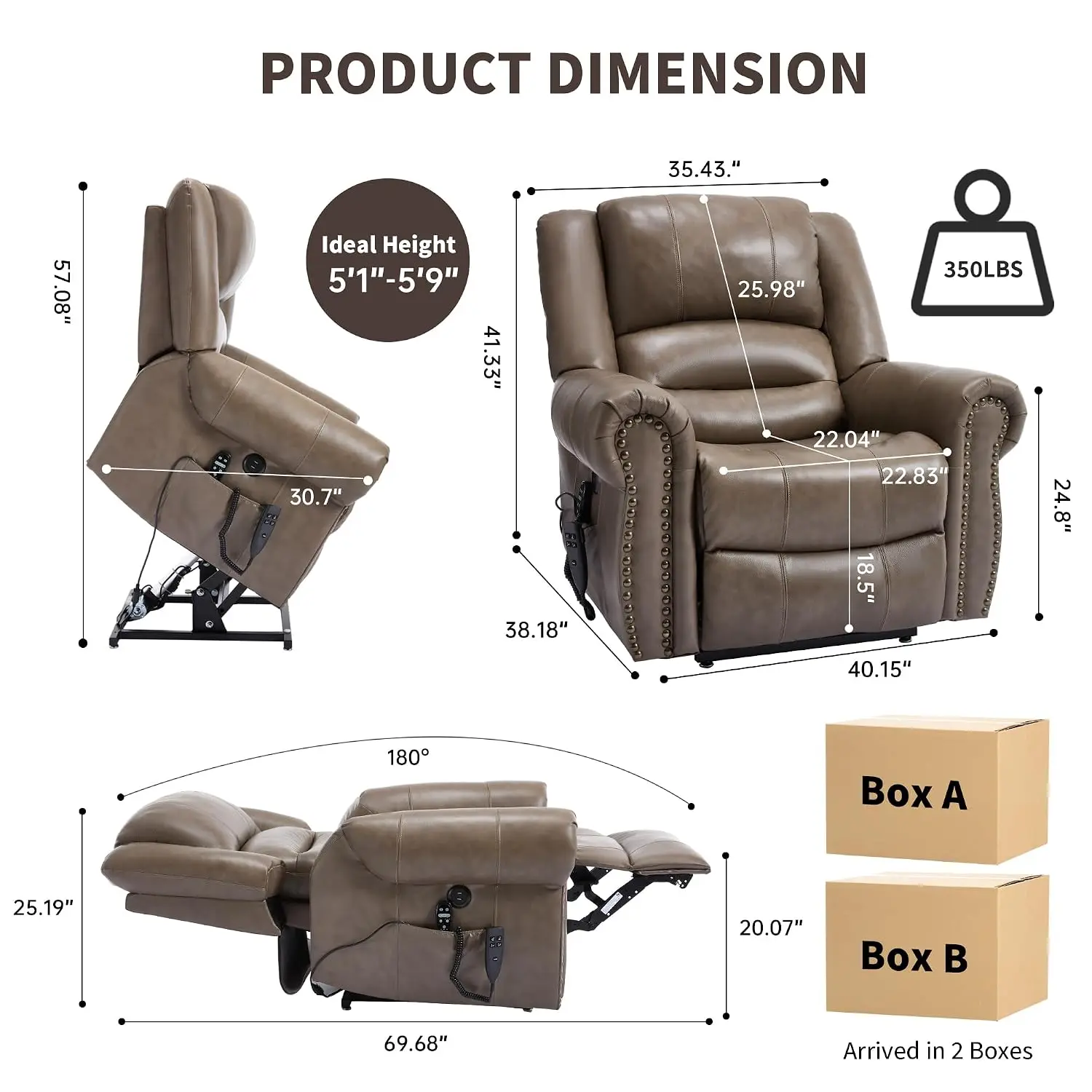 Genuine Leather Power Lift Recliner with USB Ports, Electric Sofa for  Theater, Round Armrest, Camel, Customized