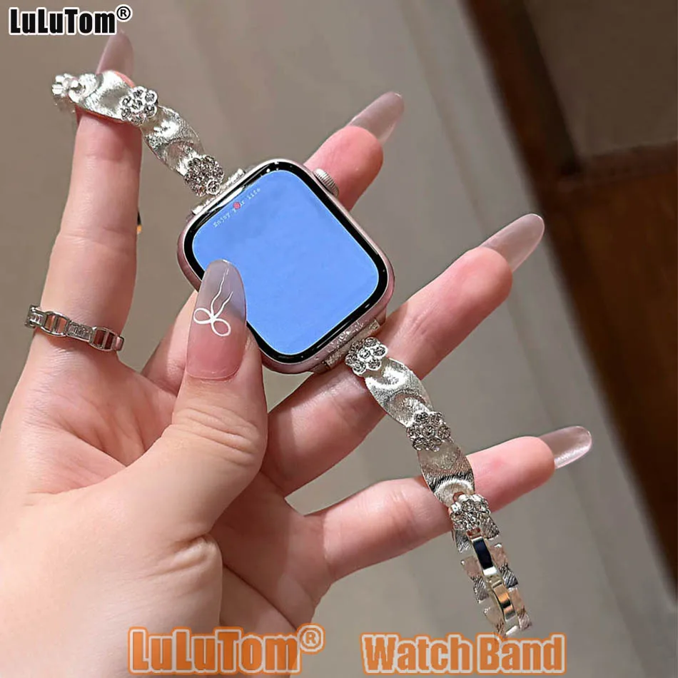 

Блестящий посеребренный ювелирный ремешок для Apple iWatch Series 10 9 8 7 6 SE 5 Ultra Band 38 40 41 42 44 45 46 49 мм Браслеты с цветами