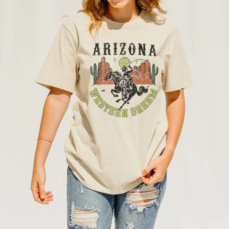 Western Cowgirl Women's T-Shirt Arizona Cowboy Desert Cactus Graphic T Shirts Ladies Loose Short Sleeve Vintage Shirt Top