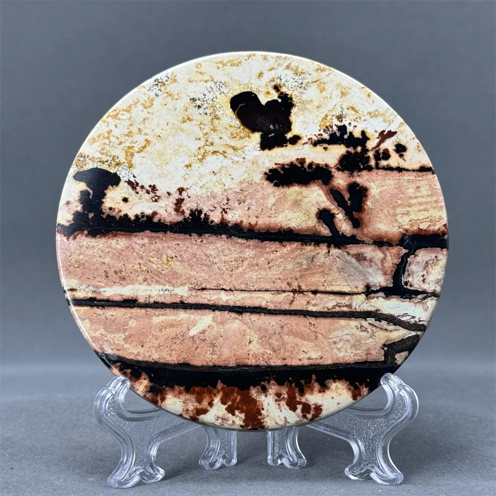 

Natural Picture Stone Landscape Painting Plate Healing Aura Home Feng Shui Energy Decoration Gift Coaster + Stand