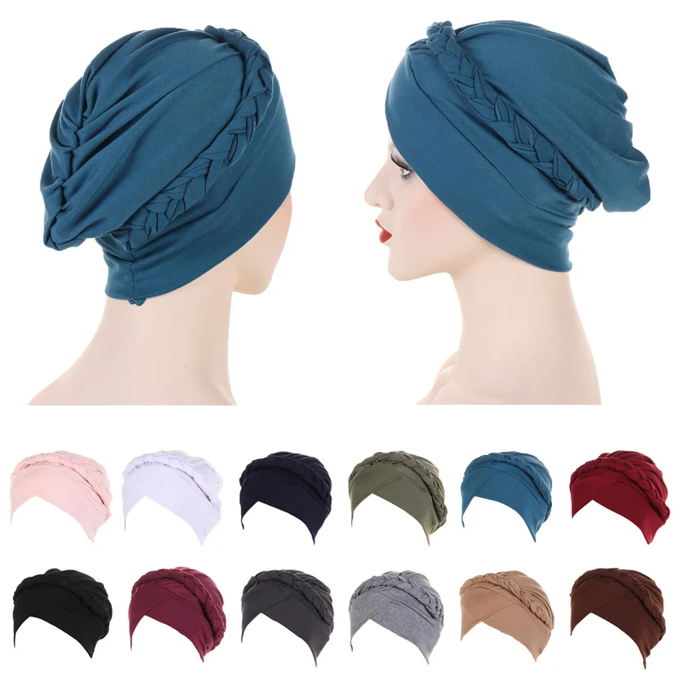 Muslim Braided Turban Headwrap for Woman Solid Bohemian Style Headscarf Stretchy Hijabs Head Wraps Hijabs Femme Musulman Bandana