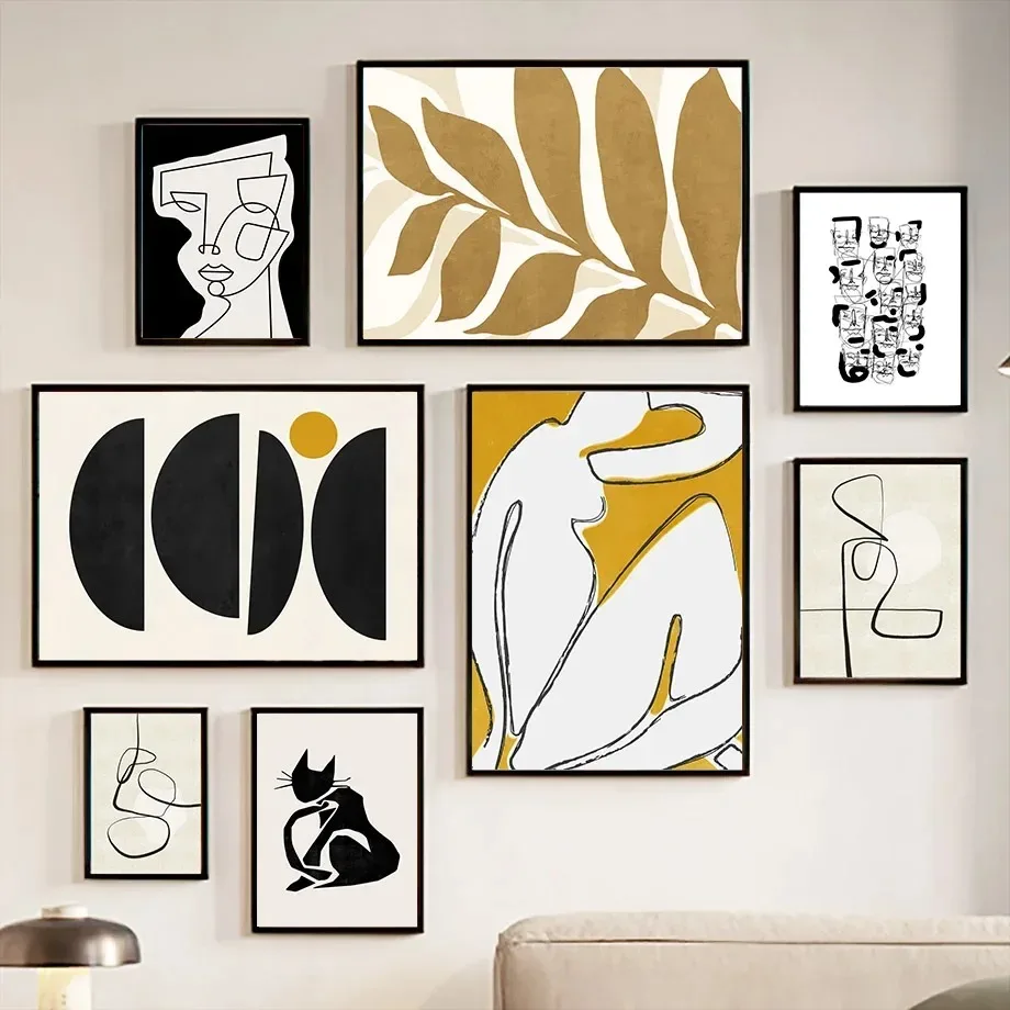 بوهو جدار الفن قماش اللوحة ، خط الملصقات ، وجه الجسم ، الأوراق الصفراء ، مجردة حديثة ، ديكور غرفة المعيشة ، الطباعة ، صور جدارية منزلية #3