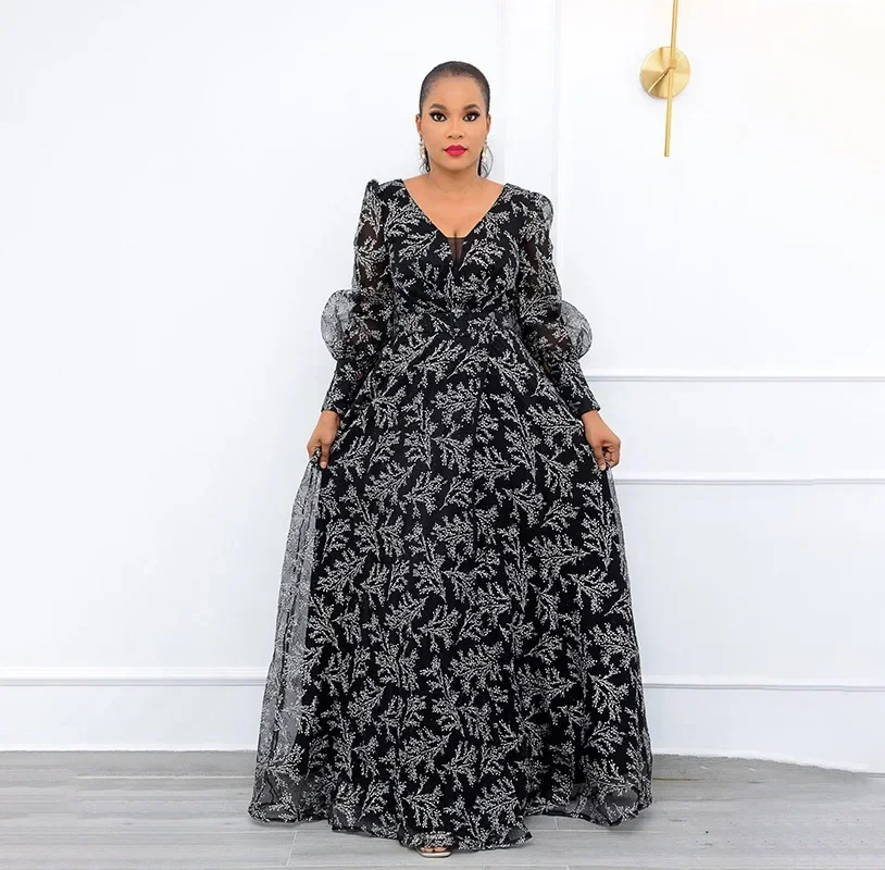 Africa's new large-size women's clothing printed V-neck temperament commuting loose high-waisted long dress dress with free belt