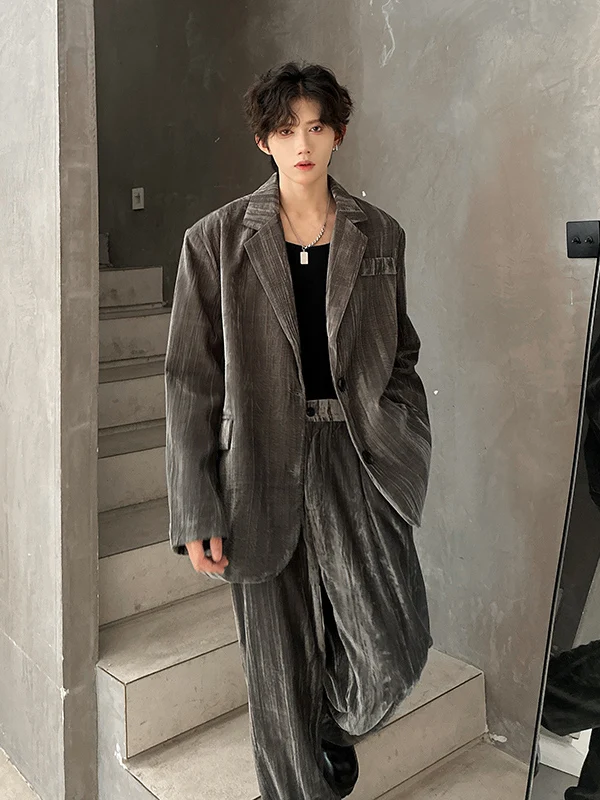 

Casual Velvet Two-Piece Suit Jaet for Men Loose Fit Faionable Urban Sle Long Sve Single Button Closure Color