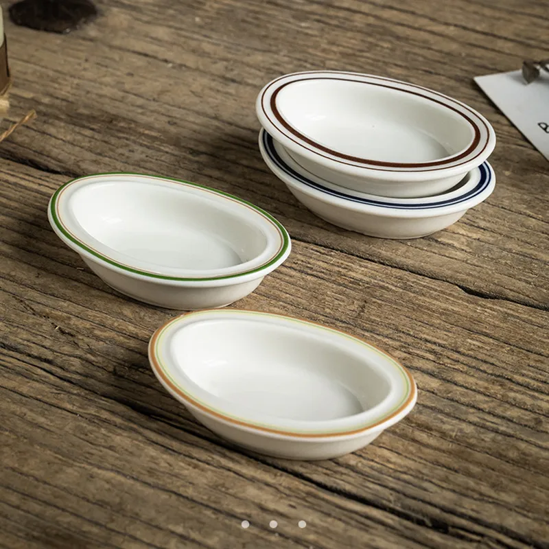 

1pc, 4 " Ceramic Sauce Dish Oval, Seasoning Dish, Small Dish With Colored Coils ,Gravy Boats,