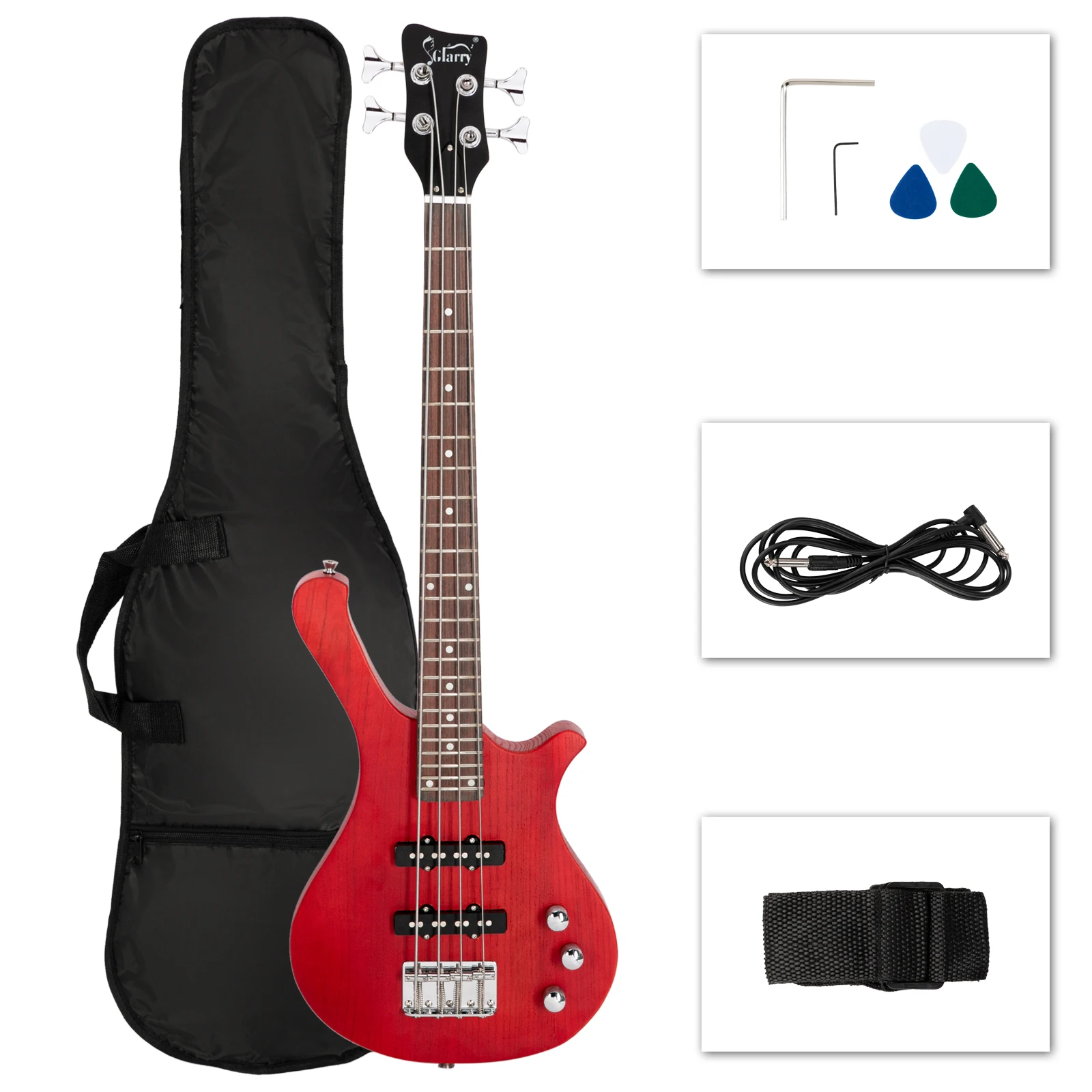 GW101 36in Small Scale Electric Bass Guitar Suit With Mahogany Body SS Pickups, Guitar Bag, Strap, Cable Red