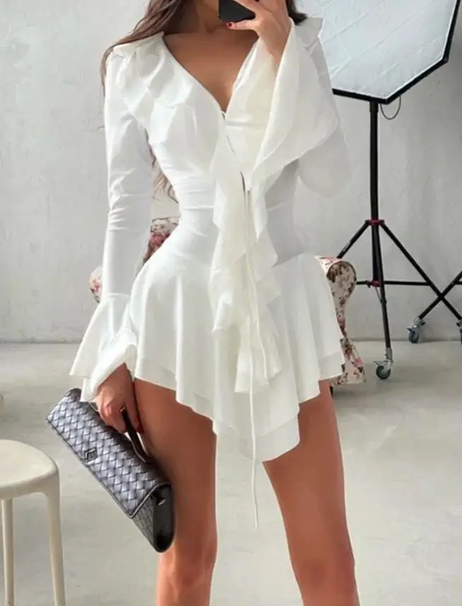 Sweet Sexy Rompers In Summer Wear Women's Bell Sleeve Ruffles Plunge V Neck Lace Up Romper Female Casual Waist Slim Jumpsuit