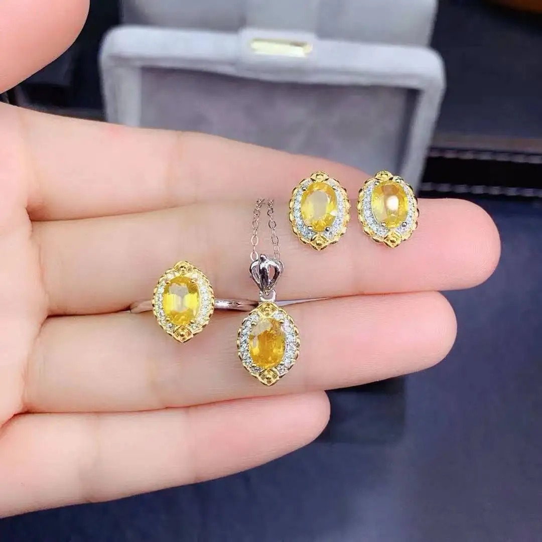 Pure Natural Yellow Color Sapphire Set For Sale 925 Sterling Silver Classic Women Jewelry 1pc ring,1pc pendant,2pcs earrings