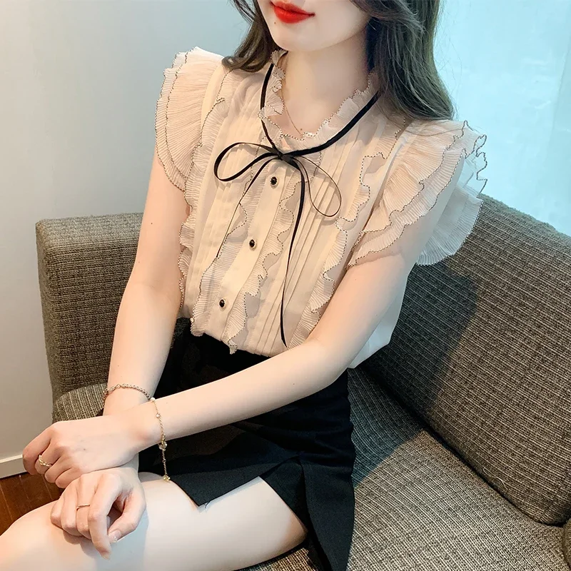 Summer Short Sleeve Ruffled Collar Women Shirt Ruffles Chiffon Shirt Blouse Women Tops Blouses Shirts Blusas Camisas Blusa D153