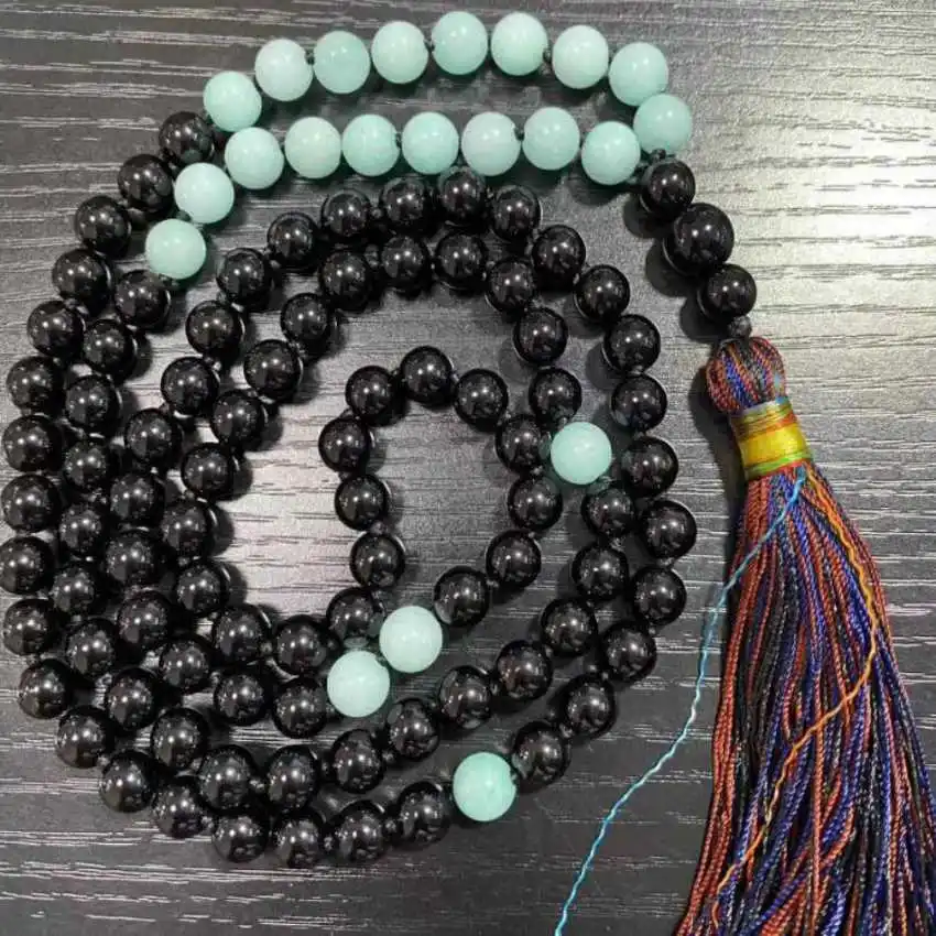 8mm 108 Hand knot black agate blue jade tassel mala necklace Fashion Healing Teenagers Religious Chakra Hipster Prayer Trendy