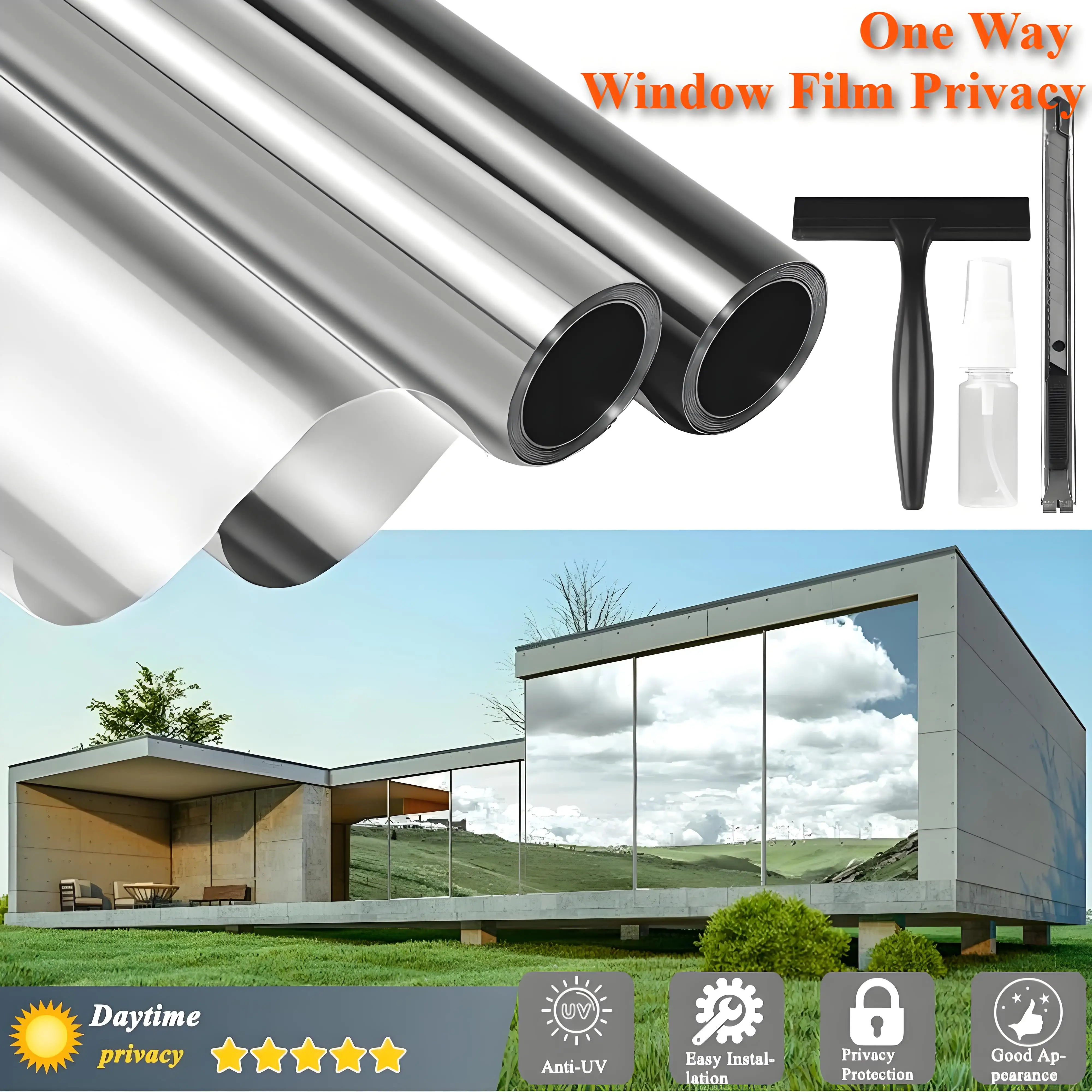 Película para ventana, película de espejo unidireccional, privacidad diurna, estática, no adhesiva, decorativa, Control de calor, tinte de ventana Anti UV para el hogar y la Oficina