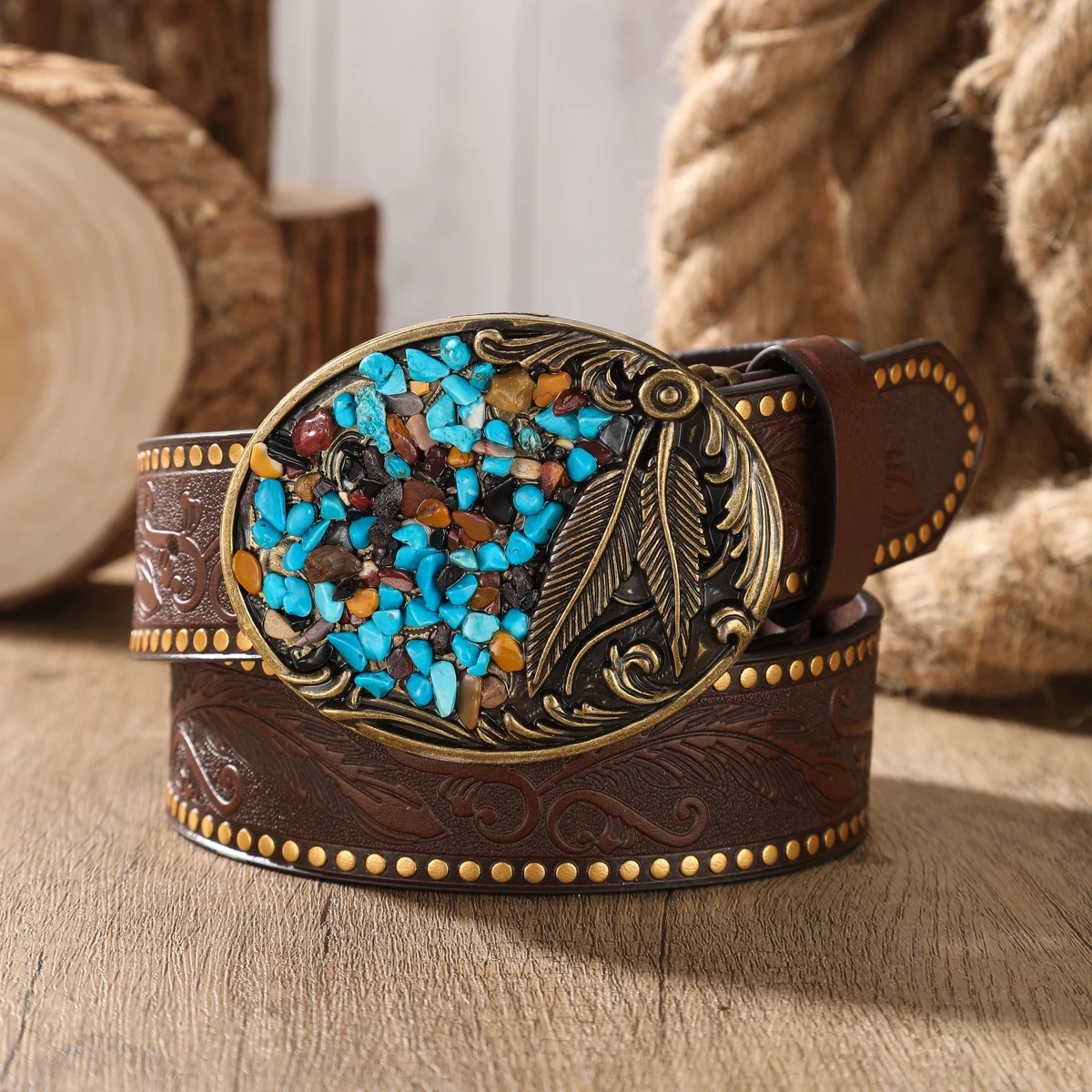 A Bohemian-Style Belt, Available For Both Men And Women. Western-Style Buckle, PU Leather, Embossed Design Belt.