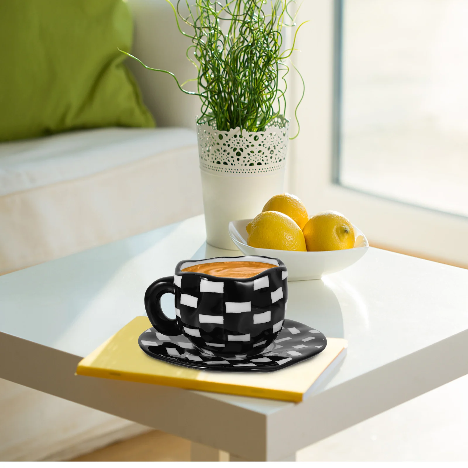 

1Set Black White Checkerboard Coffee Cup Saucer Sturdy Ceramic Mug Suitable Home Office Cafe Restaurant Gift Plaid Coffee Mug