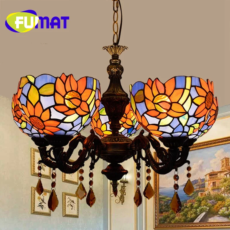 

FUMAT Tiffany style stained glass Garden blue Sunflower 5 head crystal chandelier Living Room Dining Room Bedroom bar LED deco