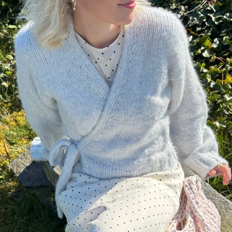 

Винтажный вязаный кардиган с запахом и галстуком, стильный однотонный ребристый свитер с v-образным вырезом и длинными рукавами, женская осенне-зимняя укороченная трикотажная куртка