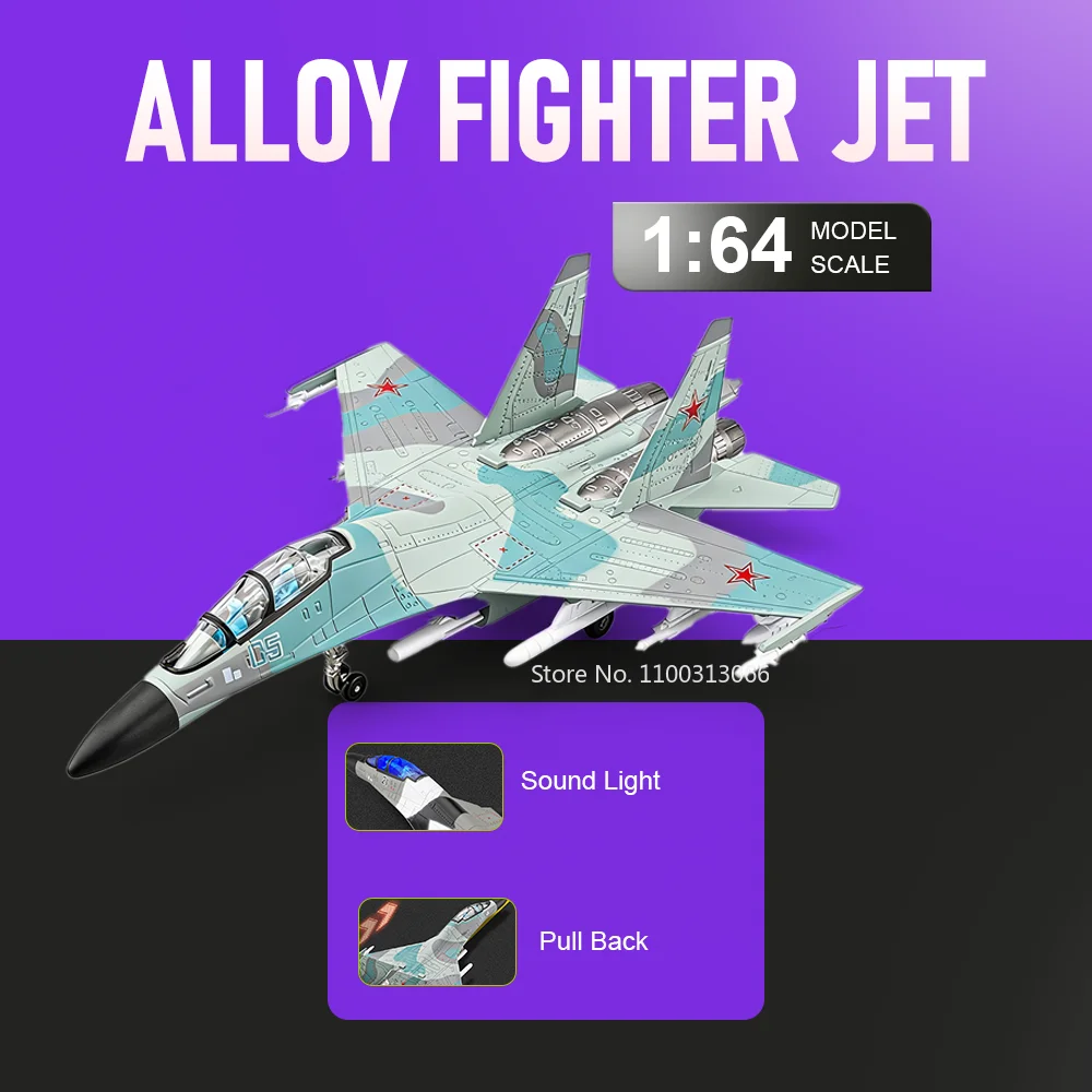 

1:64 SU-35 Fighter Jet Alloy Airplane Diecast Toys Models Car Sound with Light Cabin Opened Metal Body Planes Gifts for Children