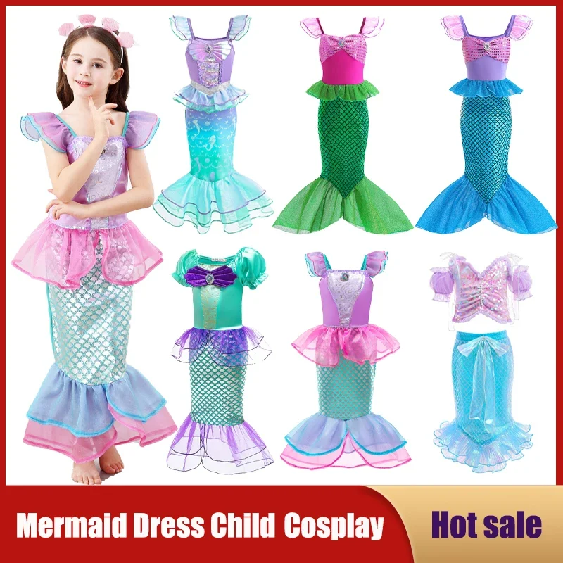 Little Mermaid Princess Costume Kids Birthday Halloween Girl Dress Children Summer Beach Fishtail Frocks Carnival Party Cospl*.1