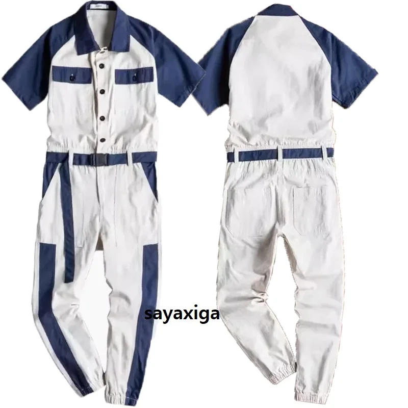 Summer cargo jumpsuit short sleeve two tones waist belt cargo pants hip hops street wear Workwear Male Clothing coverall costume