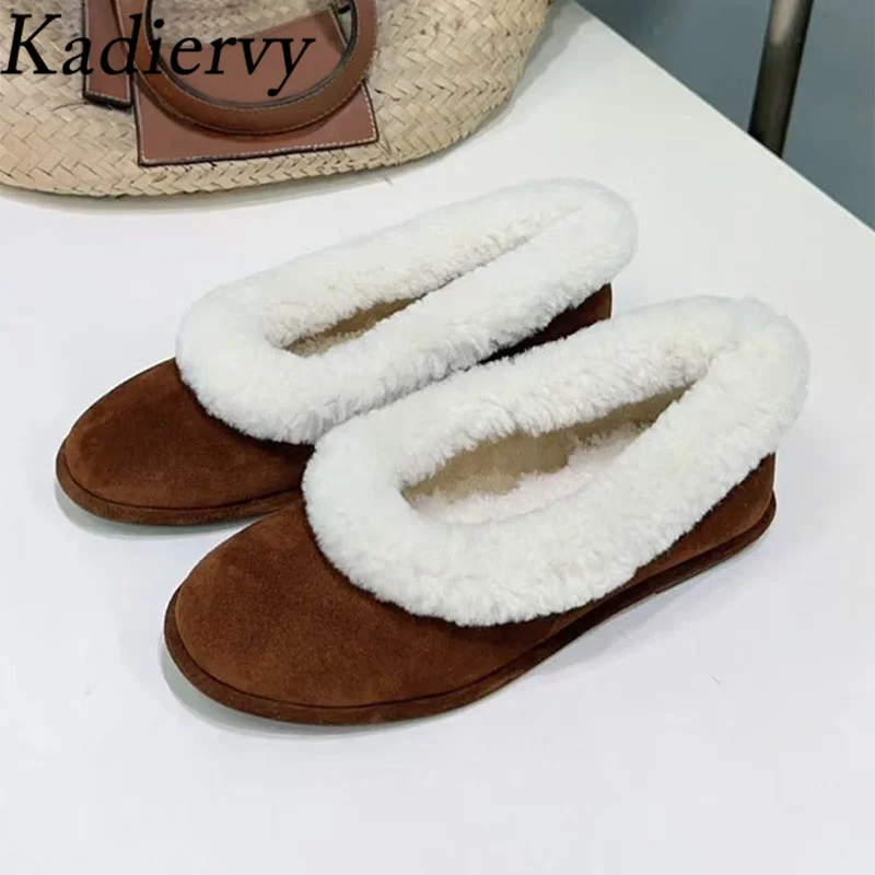 

Winter Flat Shoes Woman Round Toe Slip-on Loafers Wool Warm Shoes Women Cow Suede Daily Office Commuting Women's Shoes
