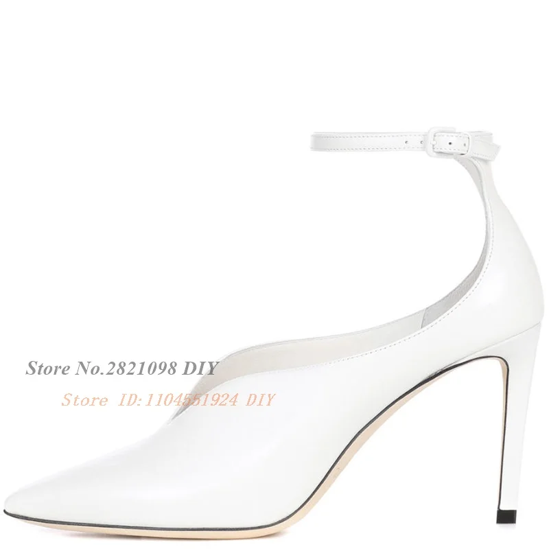 Leather Ankle Buckle Strap High Heels Women's Closed Pointed Toe Stiletto Pumps Large Size Banquet Shoes