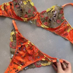 Color Matching Floral Bra Set Underwear Set Sexy Lingerie Cross Cut Style Women's Lace Orange Underwear Lingerie Set