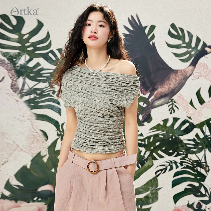 ARTKA 2024 Summer New Women T-shirt Fashion Bubble Jacquard Design T-shirts Short Sleeve Off-Shoulder Slim T-shirt ZA92040C