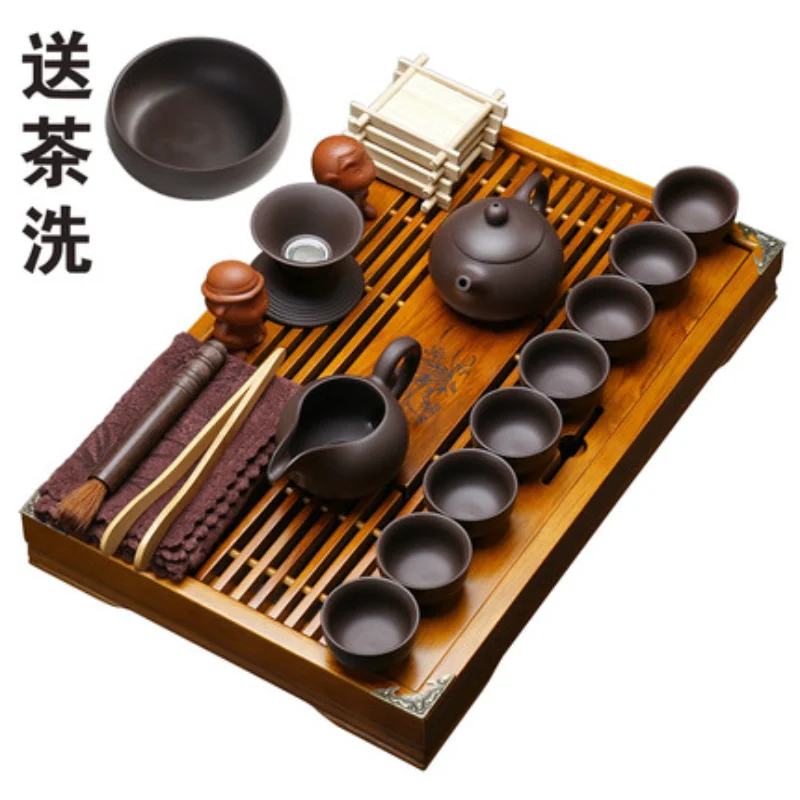 Small Kung Fu Tea Set Complete Set Mini Purple Sand Ceramic Household Bamboo Tea Tray Simple Tea Cup 6 People Office