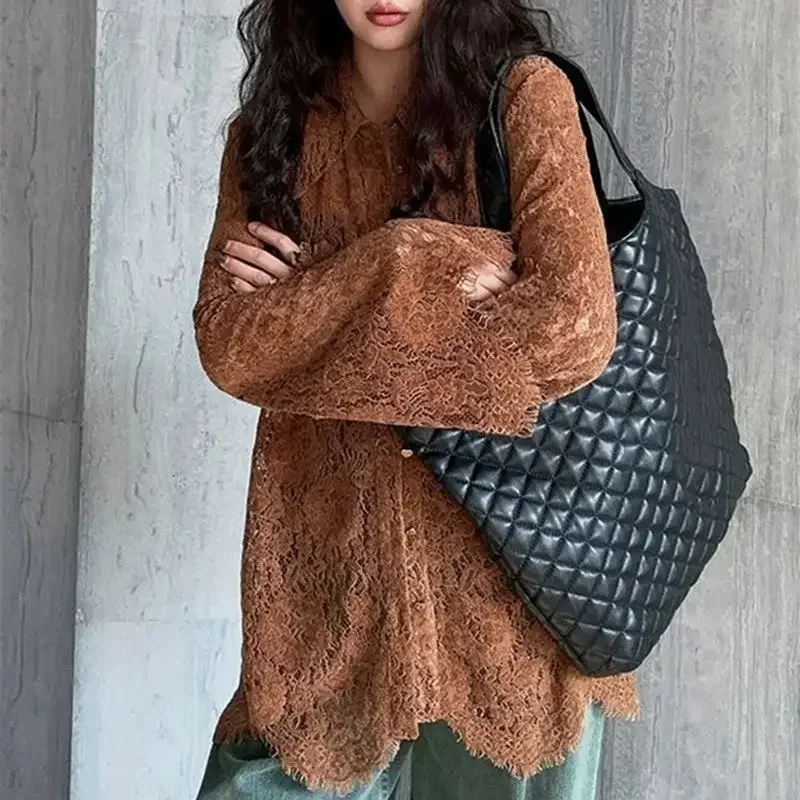 Chemisier en dentelle à manches longues pour femmes, chemise creuse à volants, chemise douce, café, printemps, automne, mode