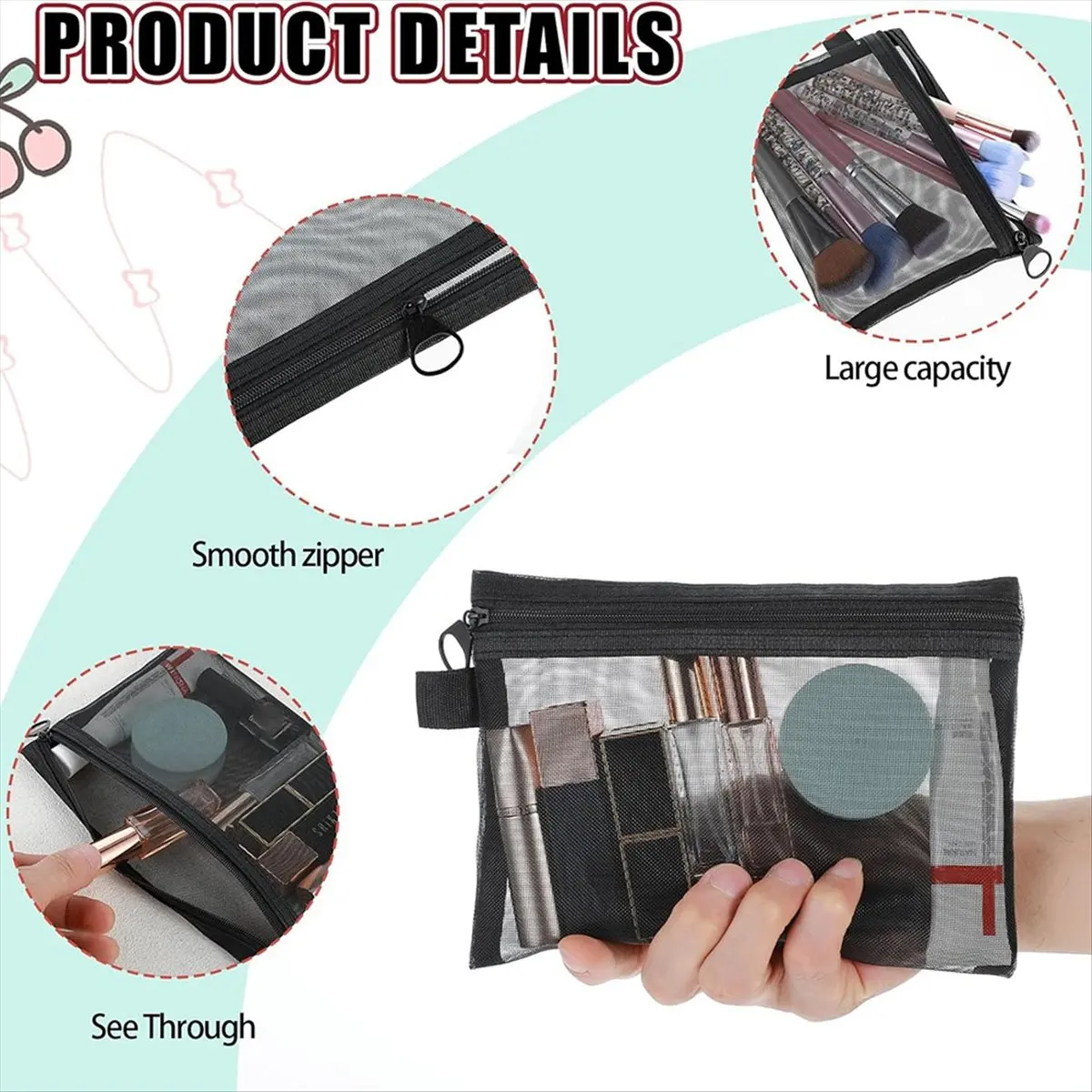 กระเป๋าซิปตาข่ายขนาดเล็ก ABQR 4 ชิ้น, กระเป๋าซิปตาข่าย, กระเป๋าซิปขนาดเล็ก, กระเป๋าซิปไนลอน, กระเป๋าเครื่องสำอางตาข่ายสำหรับใช้ในบ้านและสำนักงาน