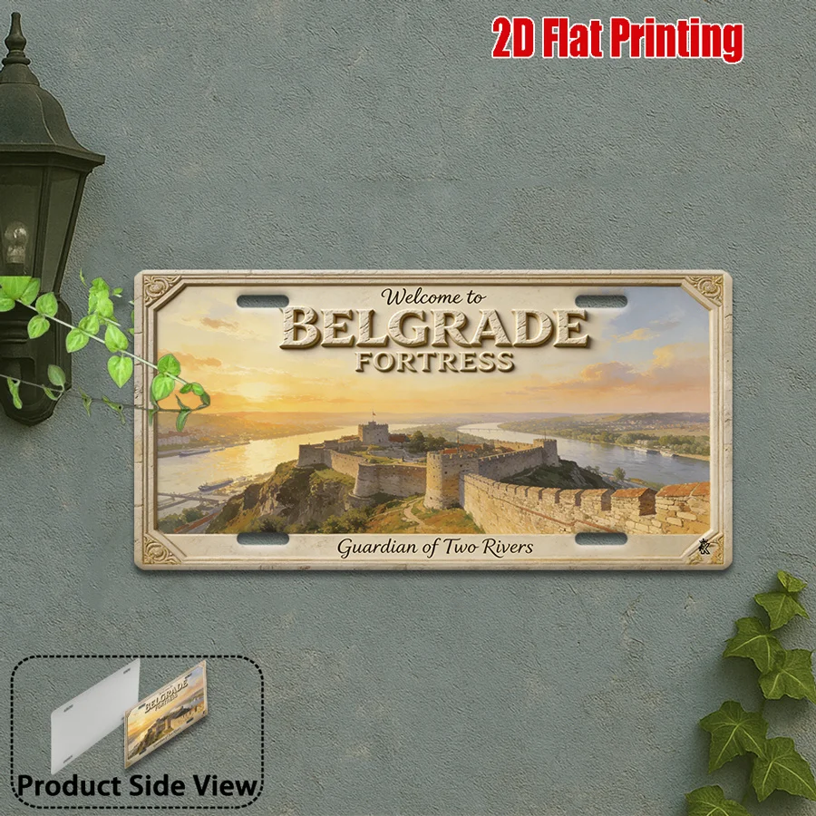 Vintage Belgrade Fortress Metal Sign, Outdoor Wall Art Decor, 11.8x5.9 Inch Riverside Theme for Living Room Office
