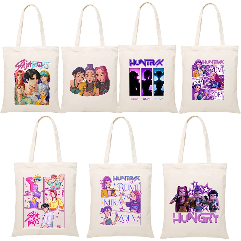 Kawaii K Pop Demon Hunters Anime Canvas Bag Cartoon Cute Daily Commute Funny Women Shopping Handbag Shopper Casual Tote Gifts